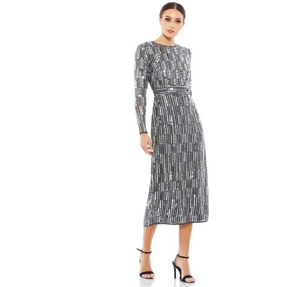 Mac Duggal Size 14 $598 NWT Embellished High Neck Long Sleeve Midi Dress Gray - Picture 1 of 11